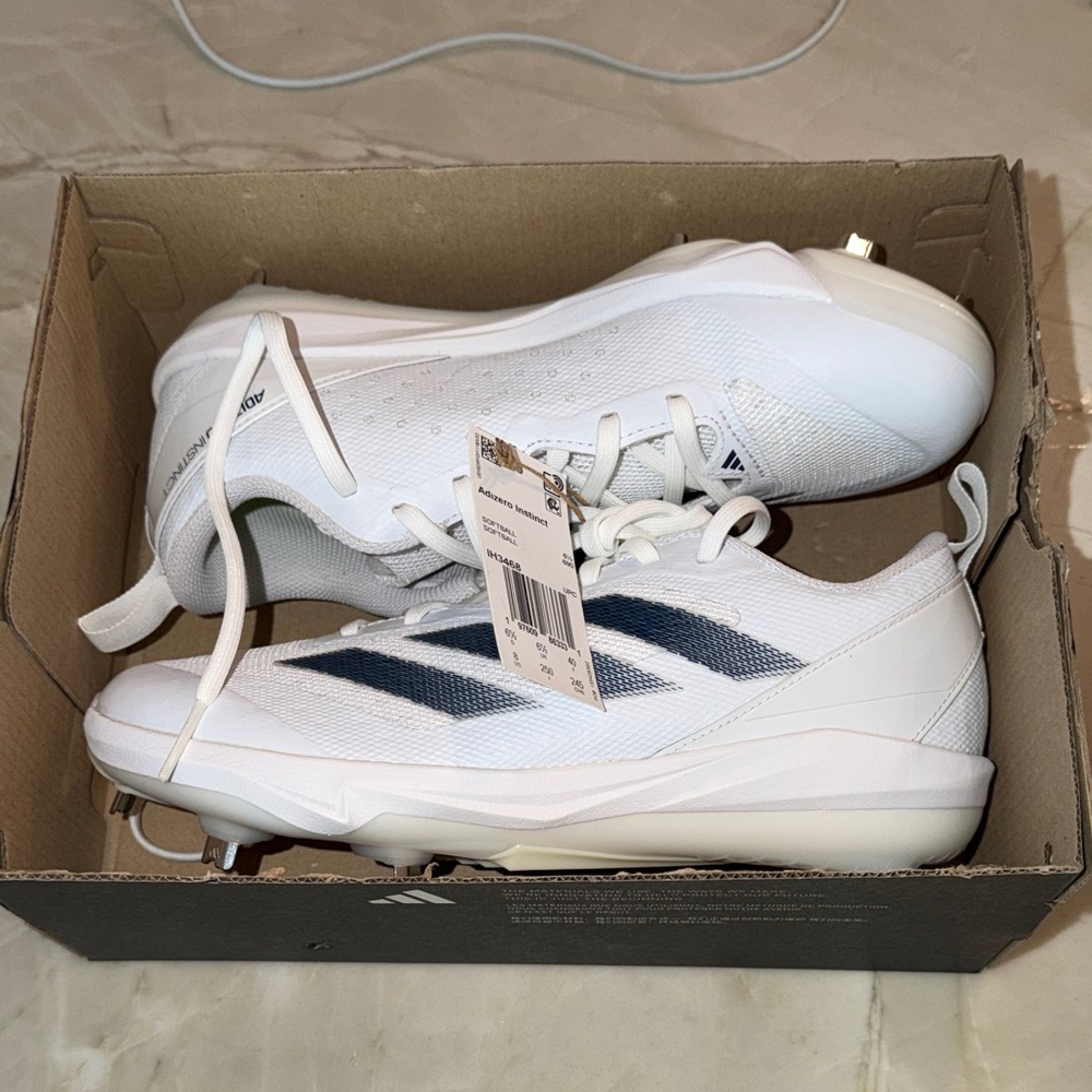 adidas Women's Adizero Instinct White /Navy with Metal Cleats NIB 8W/6.5M/40